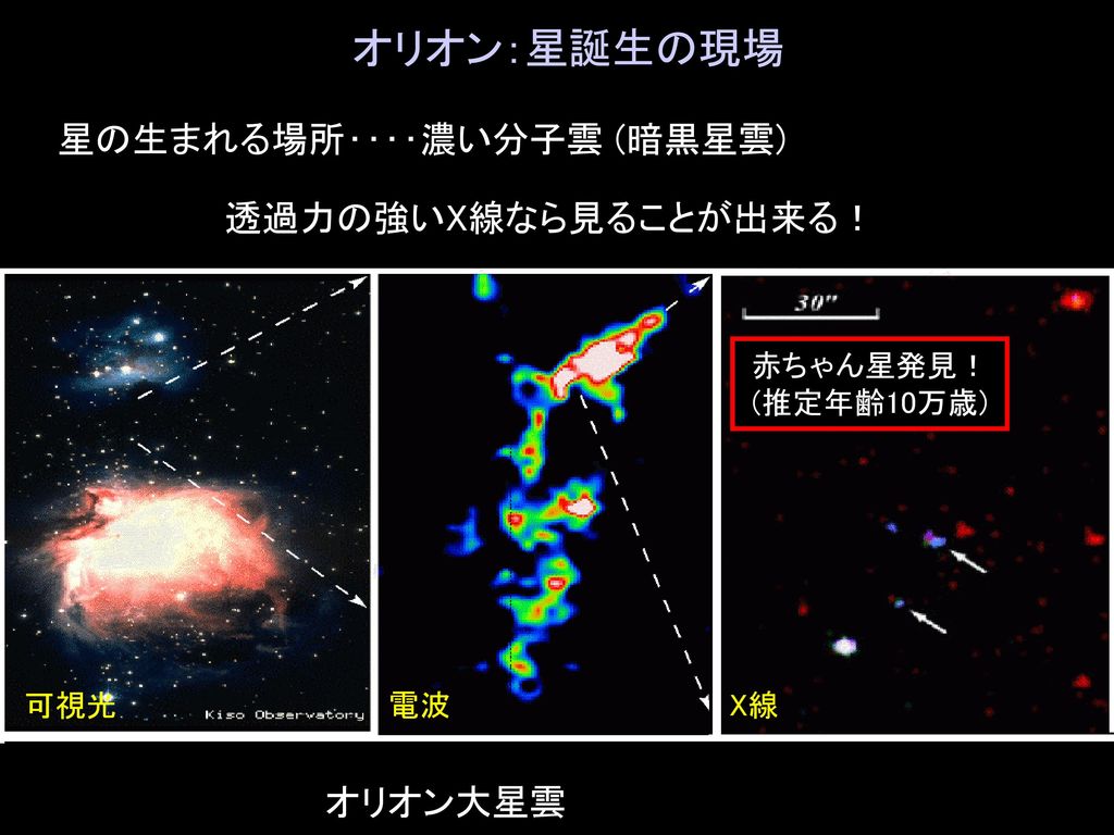 オリオン：星誕生の現場 星の生まれる場所‥‥濃い分子雲 (暗黒星雲) 透過力の強いX線なら見ることが出来る！ オリオン大星雲 可視光 電波