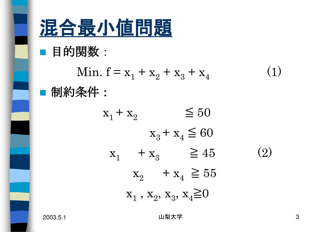 混合最小値問題 目的関数： Min. f = x1 + x2 + x3 + x4 (1) 制約条件： x1 + x2 ≦ 50