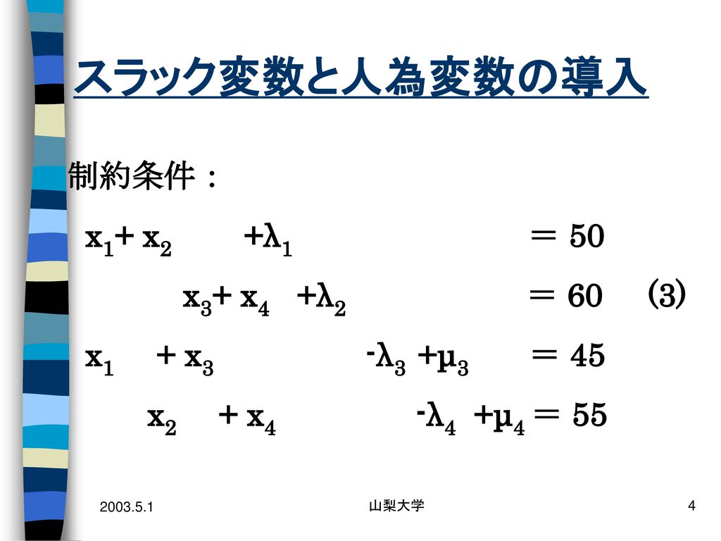 スラック変数と人為変数の導入 制約条件： x1+ x2 +λ1 ＝ 50 x3+ x4 +λ2 ＝ 60 (3)