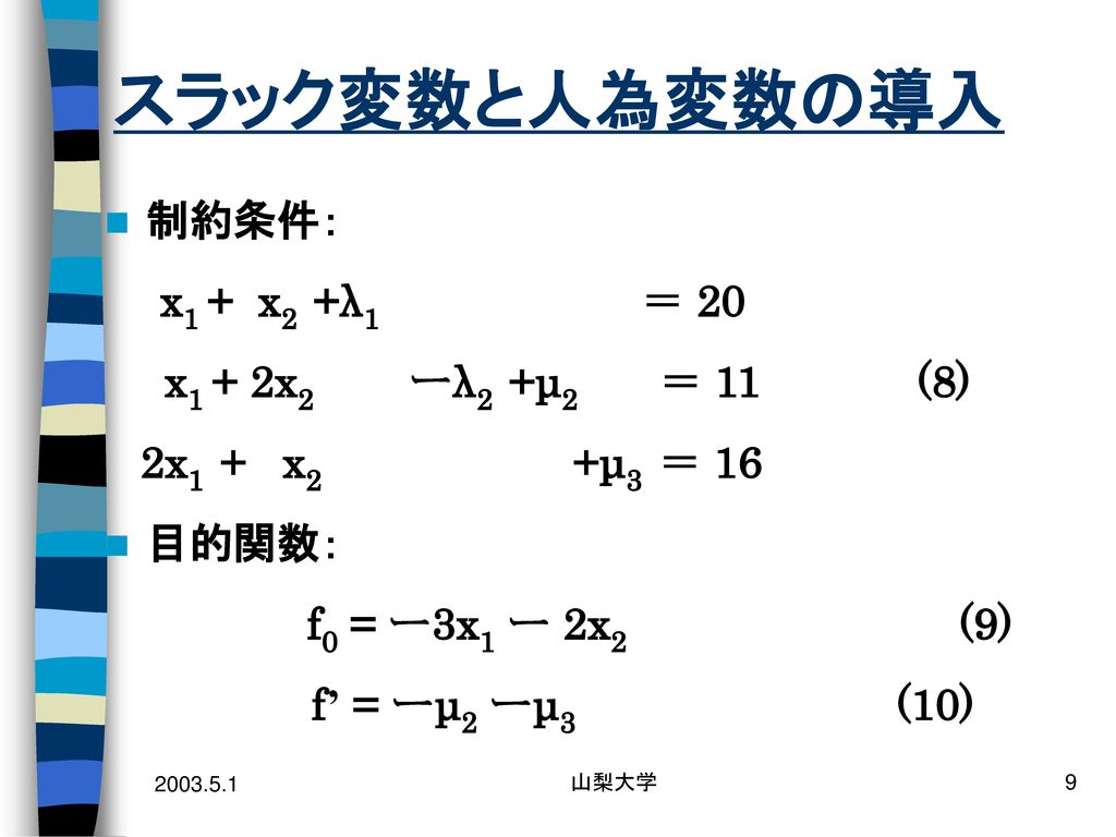 スラック変数と人為変数の導入 制約条件： x1 + x2 +λ1 ＝ 20 x1 + 2x2 ーλ2 +μ2 ＝ 11 (8)
