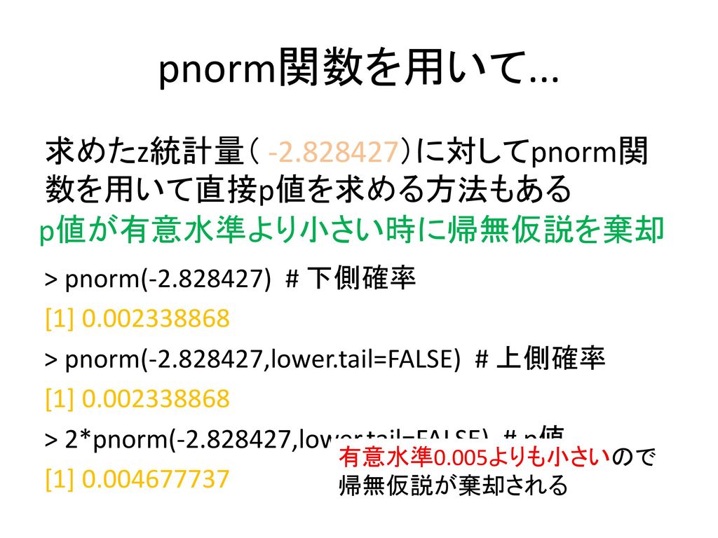 pnorm関数を用いて... 求めたz統計量（ ）に対してpnorm関数を用いて直接p値を求める方法もある