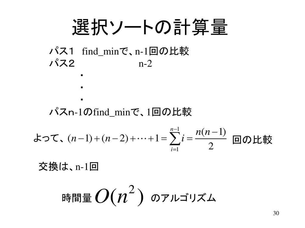 選択ソートの計算量 パス１ find_minで、n-1回の比較 パス２ n-2 ・ パスｎ-1のfind_minで、1回の比較 よって、