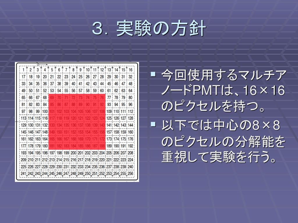 ３．実験の方針 今回使用するマルチアノードPMTは、16×16のピクセルを持つ。