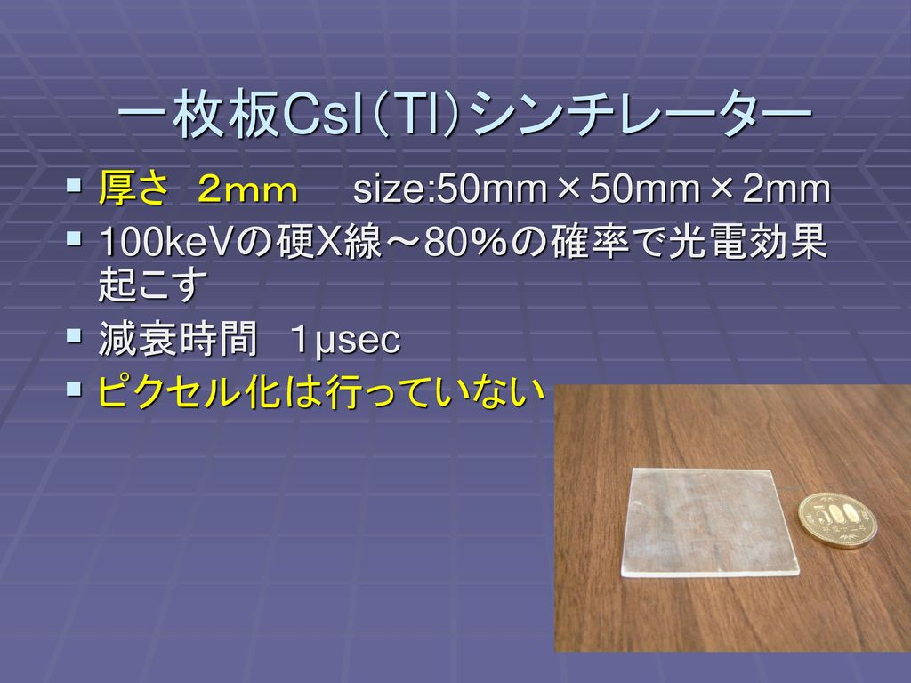 一枚板CsI（Tl）シンチレーター 厚さ ２ｍｍ size:50mm×50mm×2mm 100keVの硬X線～80％の確率で光電効果起こす