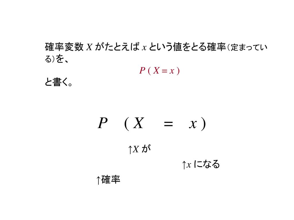 P ( X = x ) 確率変数 X がたとえば x という値をとる確率（定まっている）を、 P ( X = x ) と書く。 ↑X が