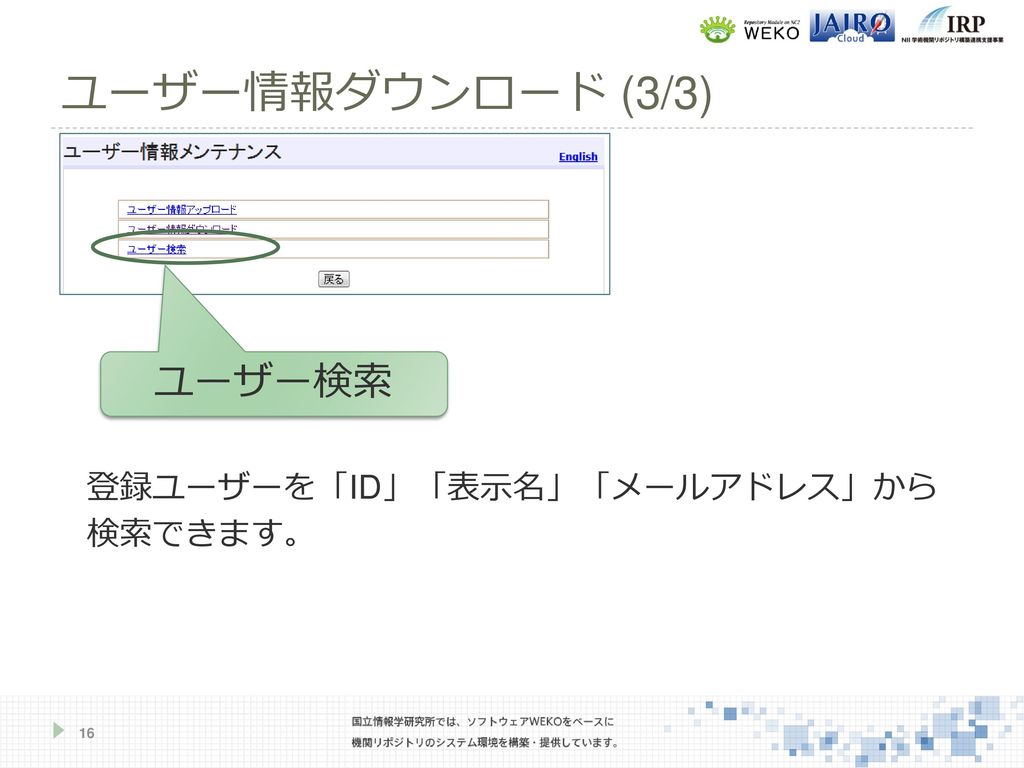 ユーザー情報ダウンロード (3/3) ユーザー検索 登録ユーザーを「ID」「表示名」「メールアドレス」から 検索できます。