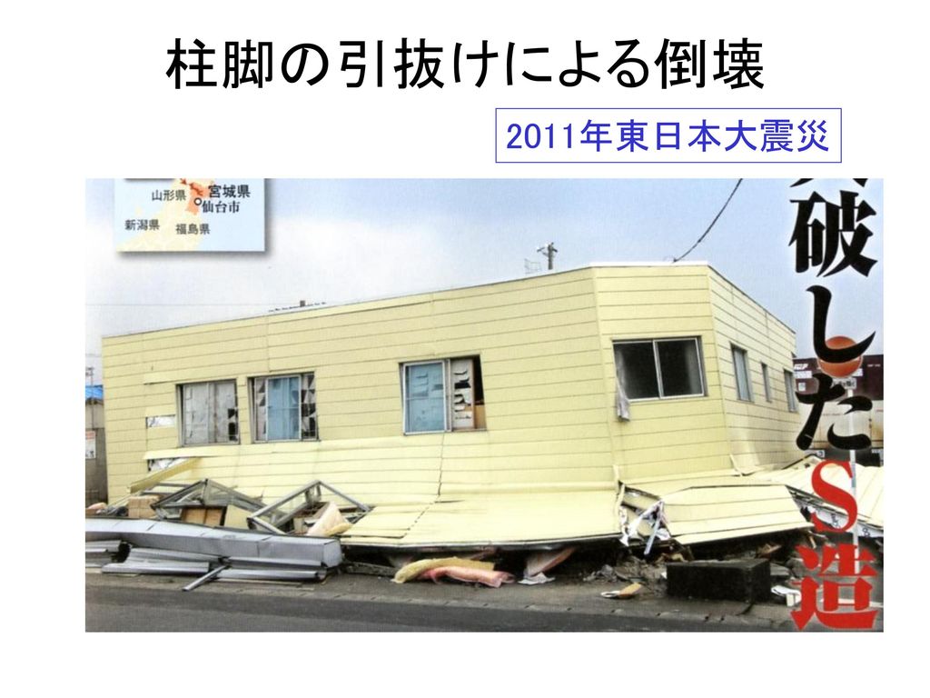 柱脚の引抜けによる倒壊 2011年東日本大震災