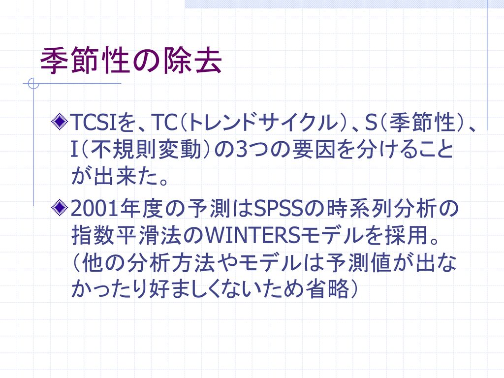 季節性の除去 TCSIを、TC（トレンドサイクル）、S（季節性）、I（不規則変動）の3つの要因を分けることが出来た。