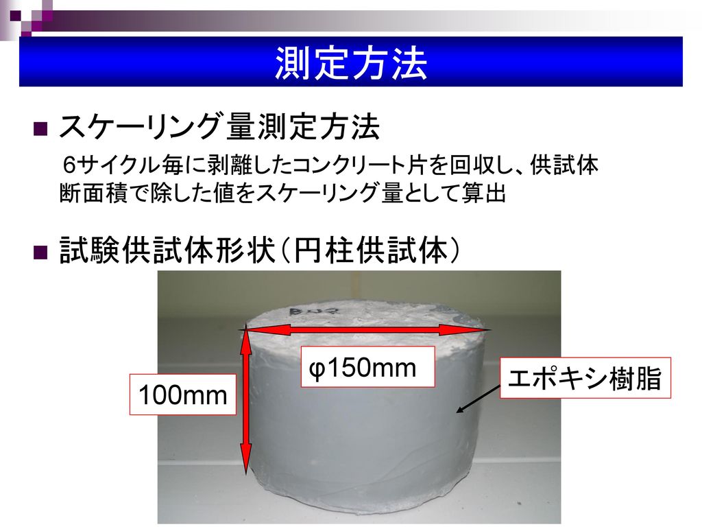 測定方法 スケーリング量測定方法 試験供試体形状（円柱供試体） φ150mm エポキシ樹脂 100mm