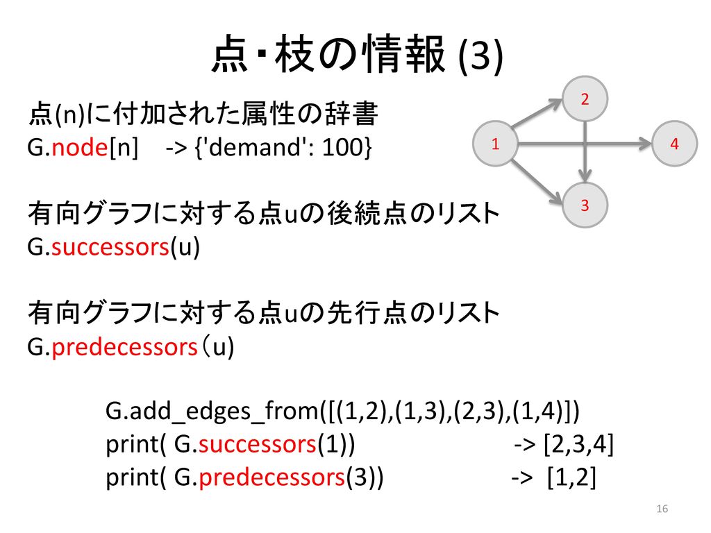点・枝の情報 (3) 点(n)に付加された属性の辞書 G.node[n] -> { demand : 100}