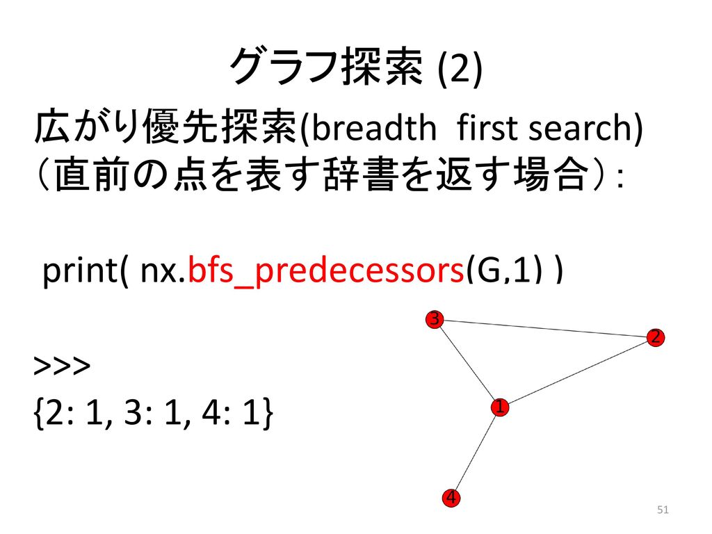 グラフ探索 (2) 広がり優先探索(breadth first search) （直前の点を表す辞書を返す場合）：
