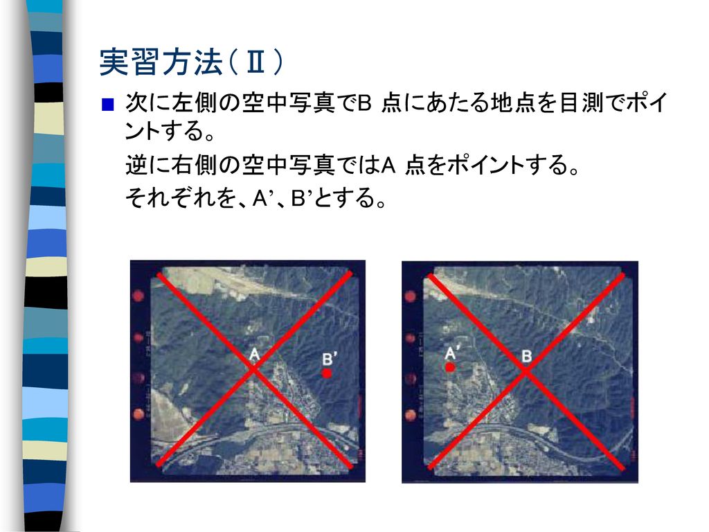 実習方法（Ⅱ） 次に左側の空中写真でB 点にあたる地点を目測でポイントする。 逆に右側の空中写真ではA 点をポイントする。