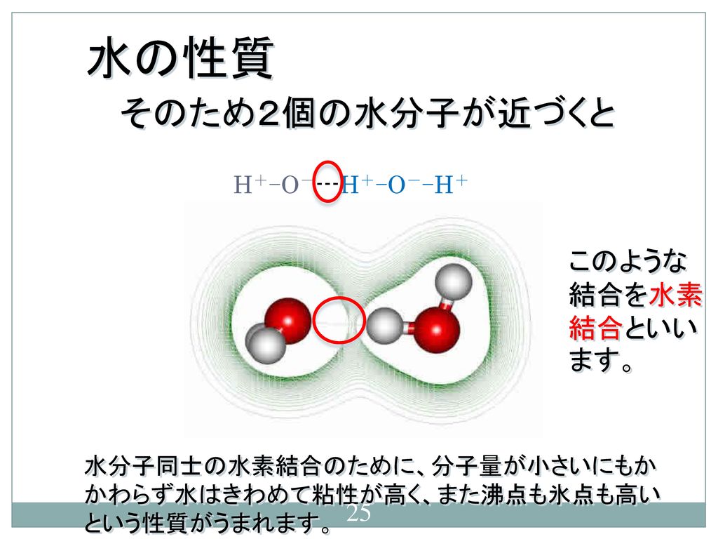 水の性質 そのため２個の水分子が近づくと このような結合を水素結合といいます。 H＋-O－---H＋-O－-H＋
