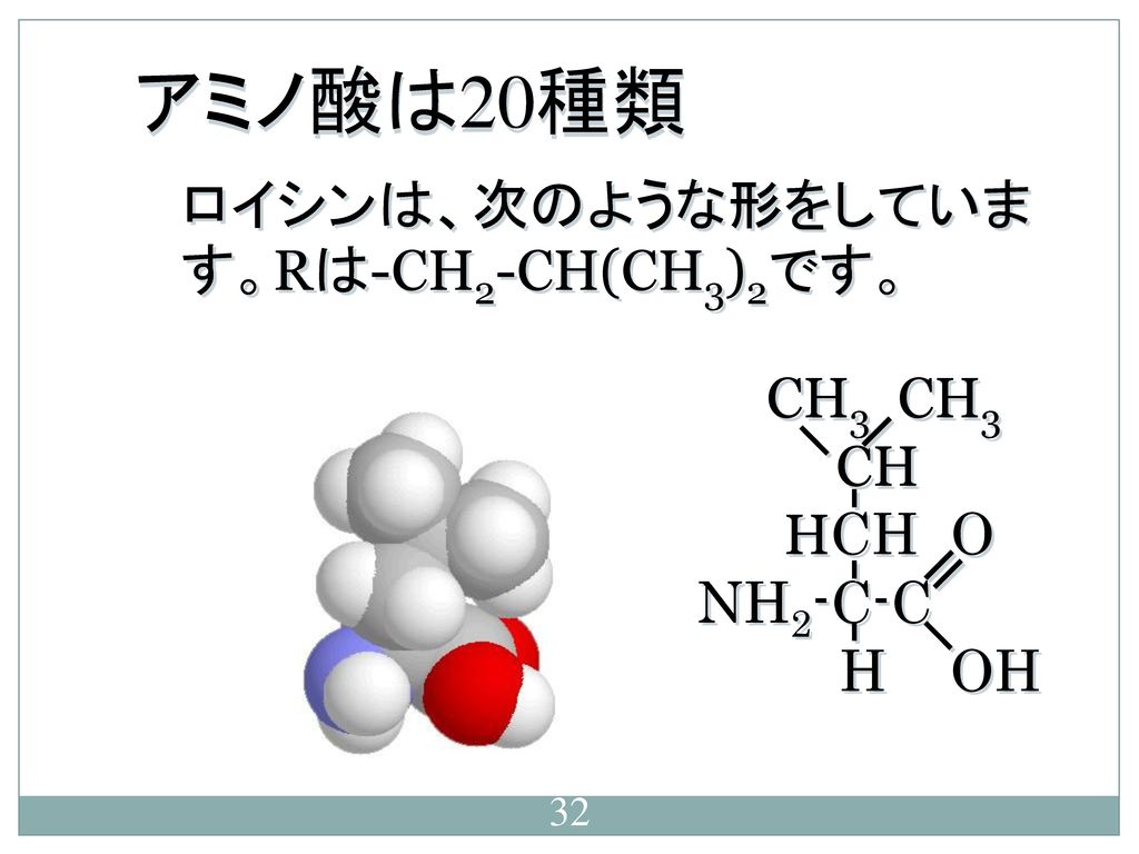 アミノ酸は20種類 ロイシンは、次のような形をしています。Rは-CH2-CH(CH3)2です。 CH3 CH3 CH HCH O