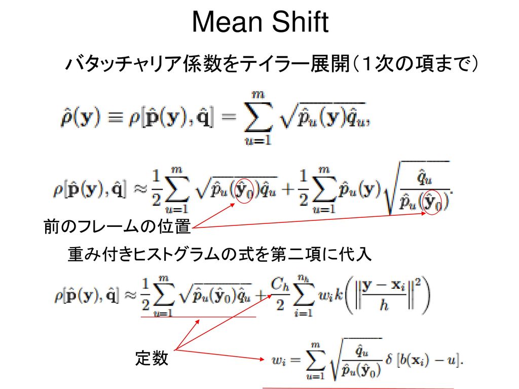Mean Shift バタッチャリア係数をテイラー展開（１次の項まで） 前のフレームの位置 重み付きヒストグラムの式を第二項に代入 定数