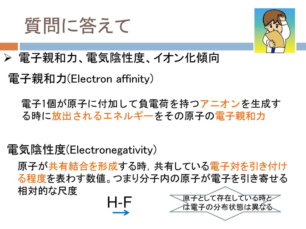 質問に答えて H-F 電子親和力、電気陰性度、イオン化傾向 電子親和力(Electron affinity)