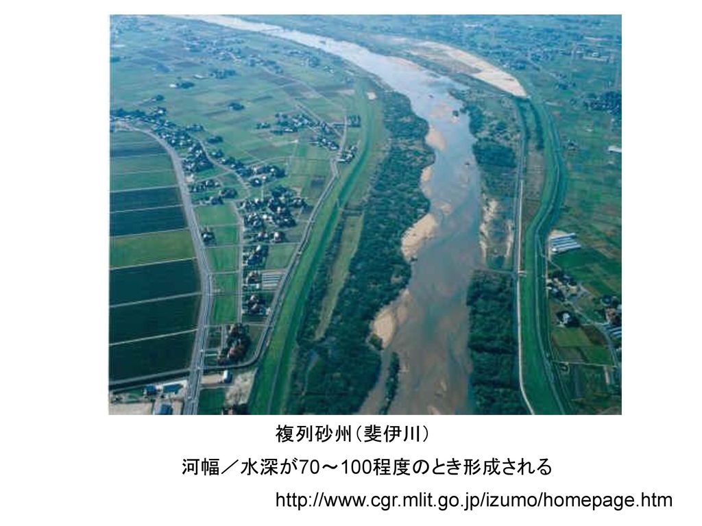 複列砂州（斐伊川） 河幅／水深が70～100程度のとき形成される