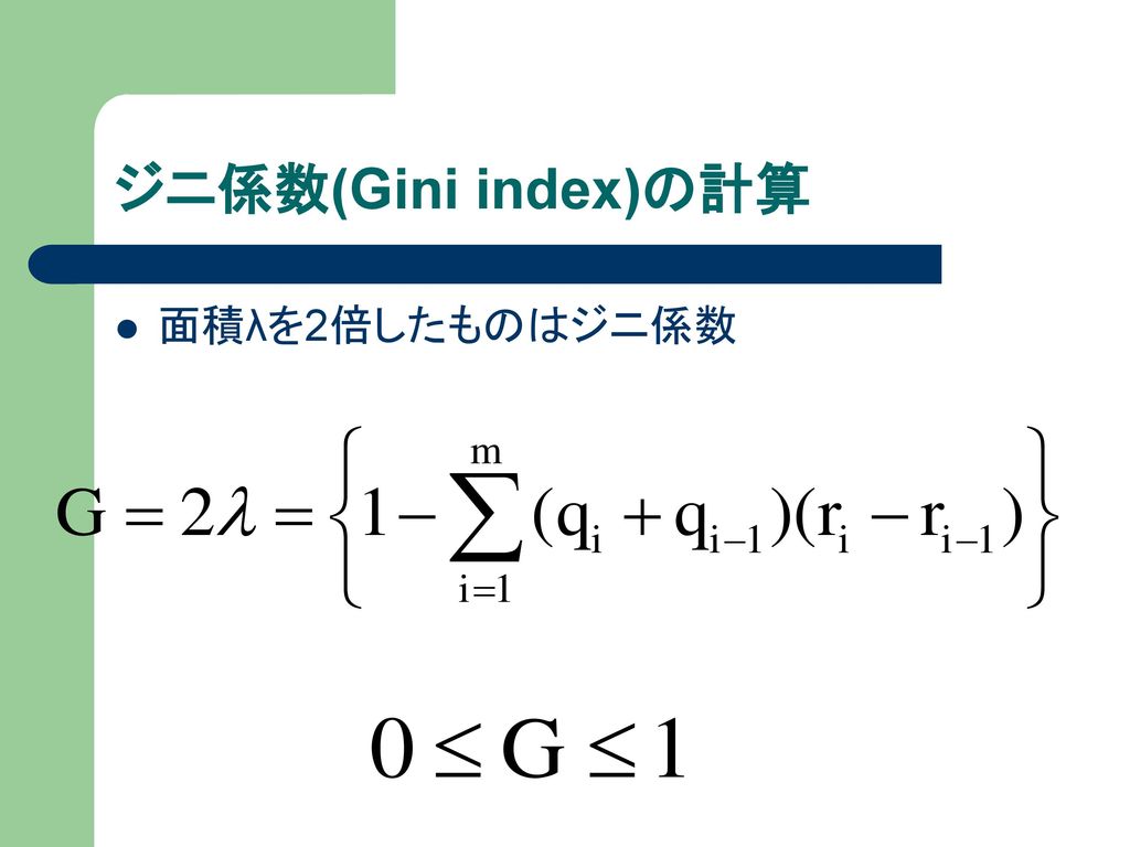 ジニ係数(Gini index)の計算 面積λを2倍したものはジニ係数
