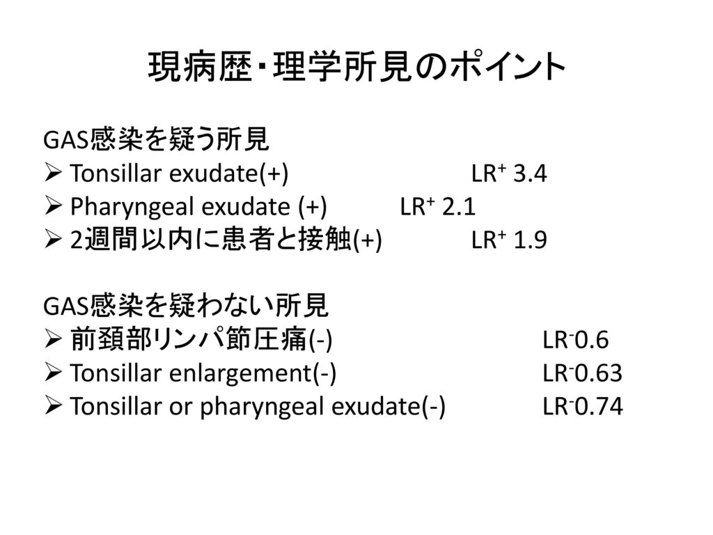 現病歴・理学所見のポイント GAS感染を疑う所見 Tonsillar exudate(+) LR+ 3.4