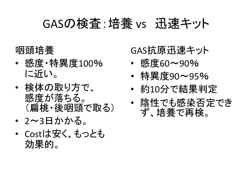 GASの検査：培養 vs 迅速キット 咽頭培養 感度・特異度100％ に近い。 検体の取り方で、 感度が落ちる。 （扁桃・後咽頭で取る）