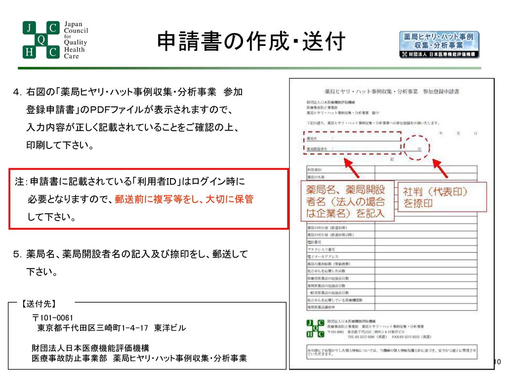 申請書の作成・送付 ４．右図の「薬局ヒヤリ・ハット事例収集・分析事業 参加 登録申請書」のＰＤＦファイルが表示されますので、