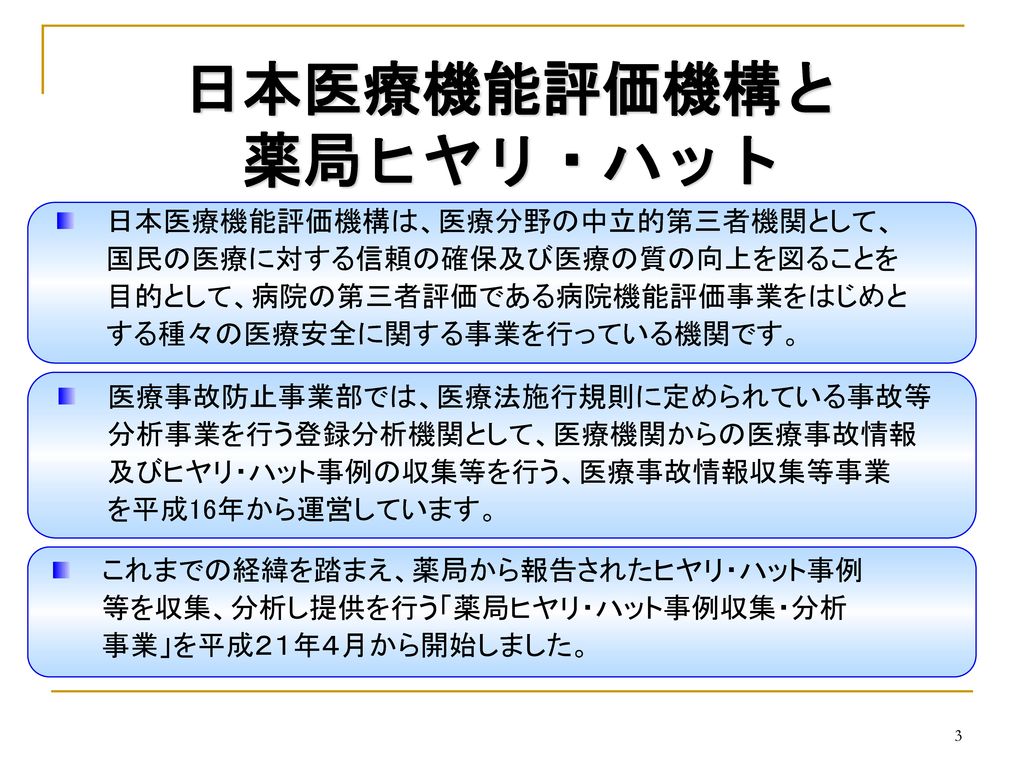 日本医療機能評価機構と 薬局ヒヤリ・ハット
