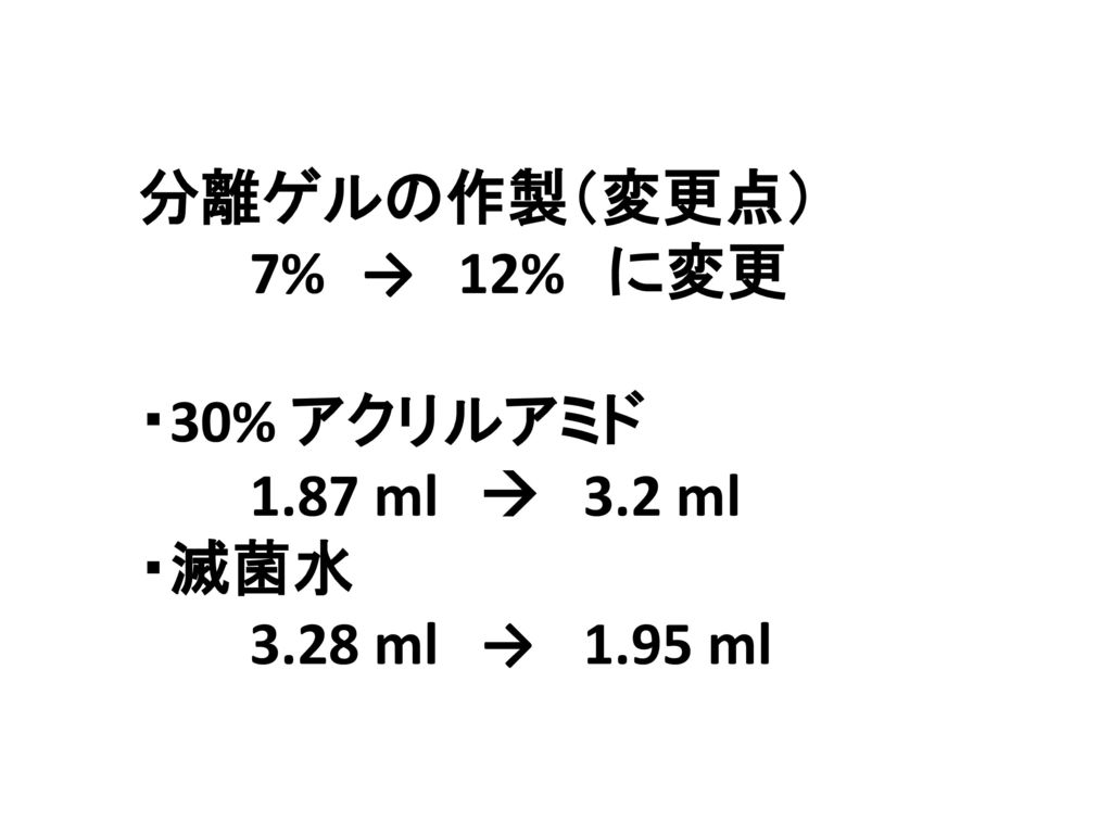 分離ゲルの作製（変更点） 7% → 12% に変更 ・30% アクリルアミド 1.87 ml  3.2 ml ・滅菌水 3.28 ml → 1.95 ml