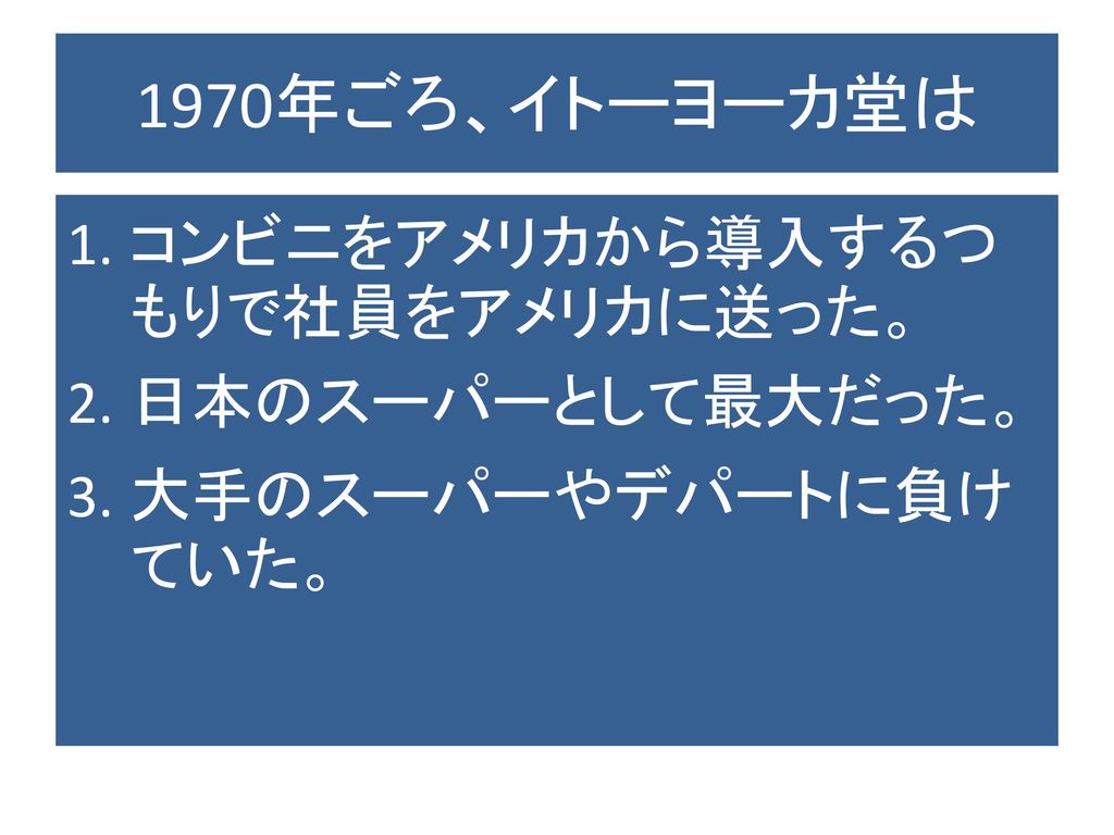 1970年ごろ、イトーヨーカ堂は コンビニをアメリカから導入するつもりで社員をアメリカに送った。 日本のスーパーとして最大だった。