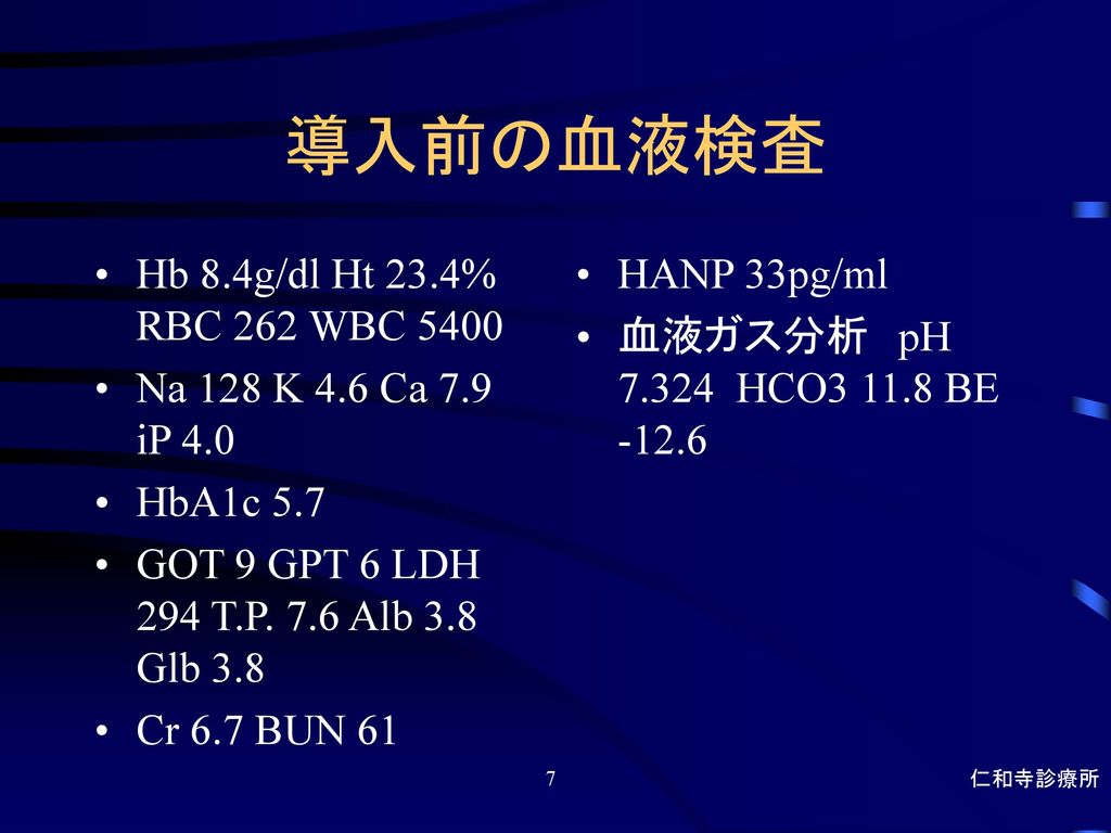 導入前の血液検査 Hb 8.4g/dl Ht 23.4% RBC 262 WBC 5400