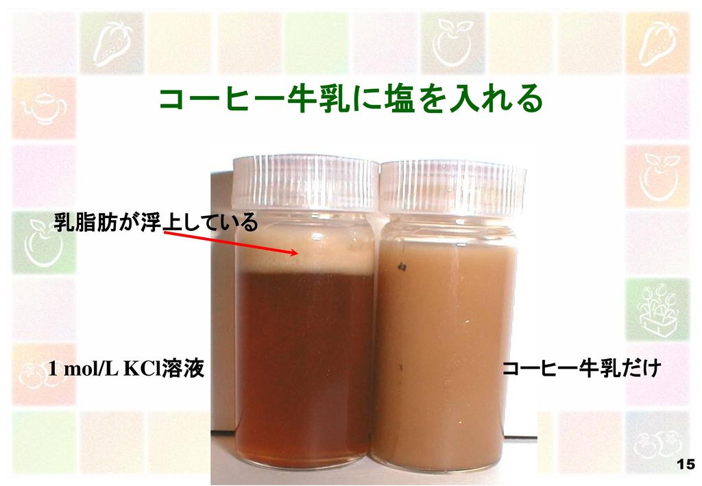 コーヒー牛乳に塩を入れる 乳脂肪が浮上している 1 mol/L KCl溶液 コーヒー牛乳だけ