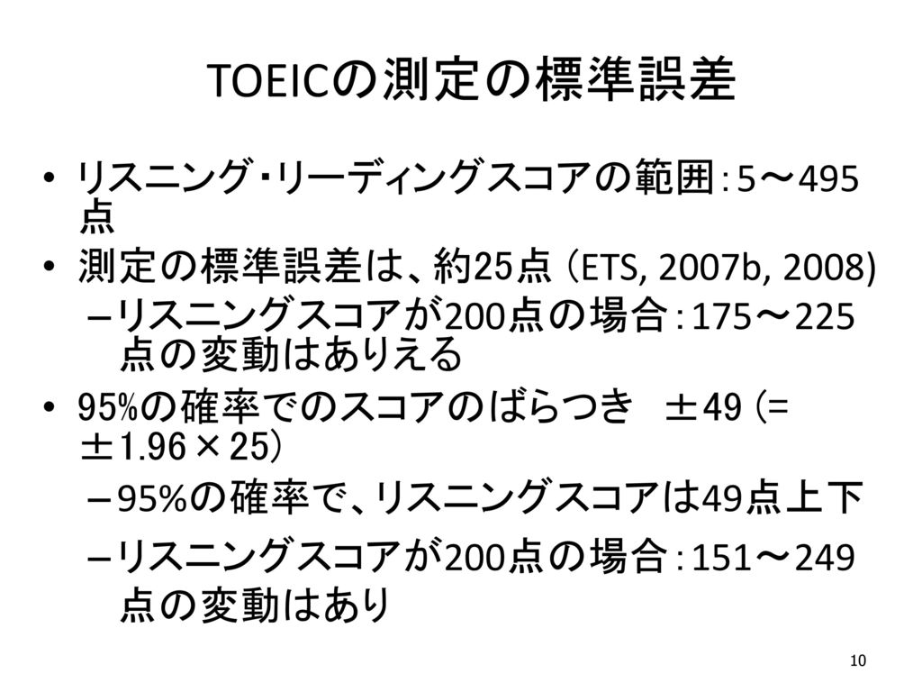 TOEICの測定の標準誤差 リスニング・リーディングスコアの範囲：5～495点