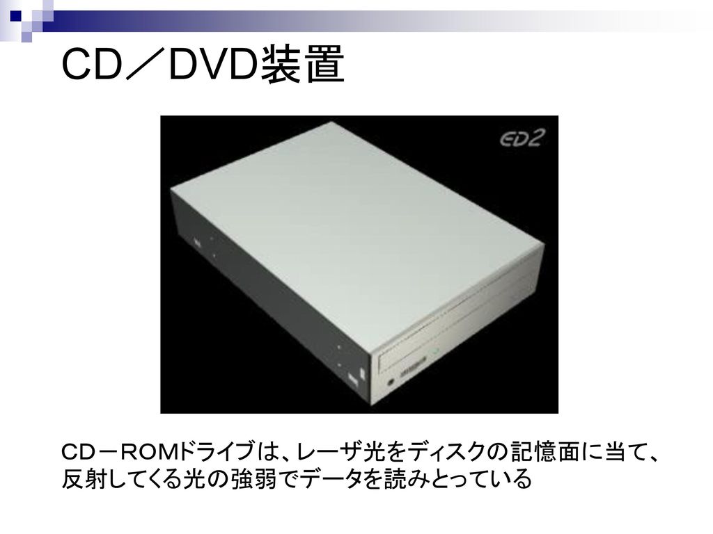 CD／DVD装置 ＣＤ－ＲＯＭドライブは、レーザ光をディスクの記憶面に当て、反射してくる光の強弱でデータを読みとっている