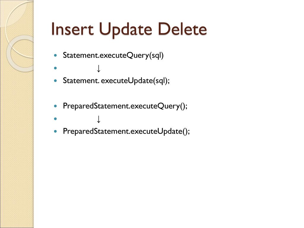 Insert Update Delete Statement.executeQuery(sql) ↓