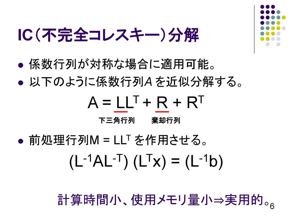 A = LLT + R + RT (L-1AL-T) (LTx) = (L-1b) IC（不完全コレスキー）分解