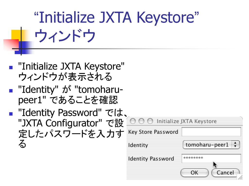 Initialize JXTA Keystore ウィンドウ