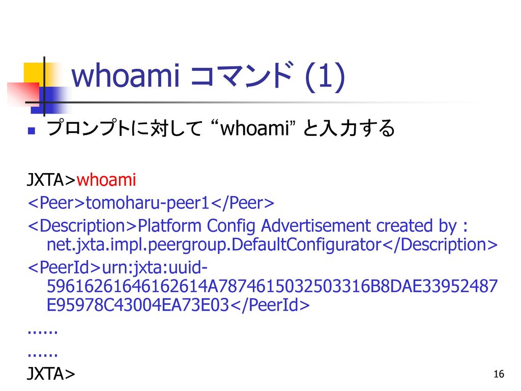 whoami コマンド (1) プロンプトに対して whoami と入力する JXTA>whoami