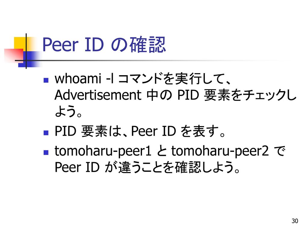 Peer ID の確認 whoami -l コマンドを実行して、Advertisement 中の PID 要素をチェックしよう。