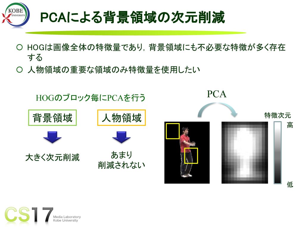 PCAによる背景領域の次元削減 PCA 背景領域 人物領域 HOGは画像全体の特徴量であり，背景領域にも不必要な特徴が多く存在する