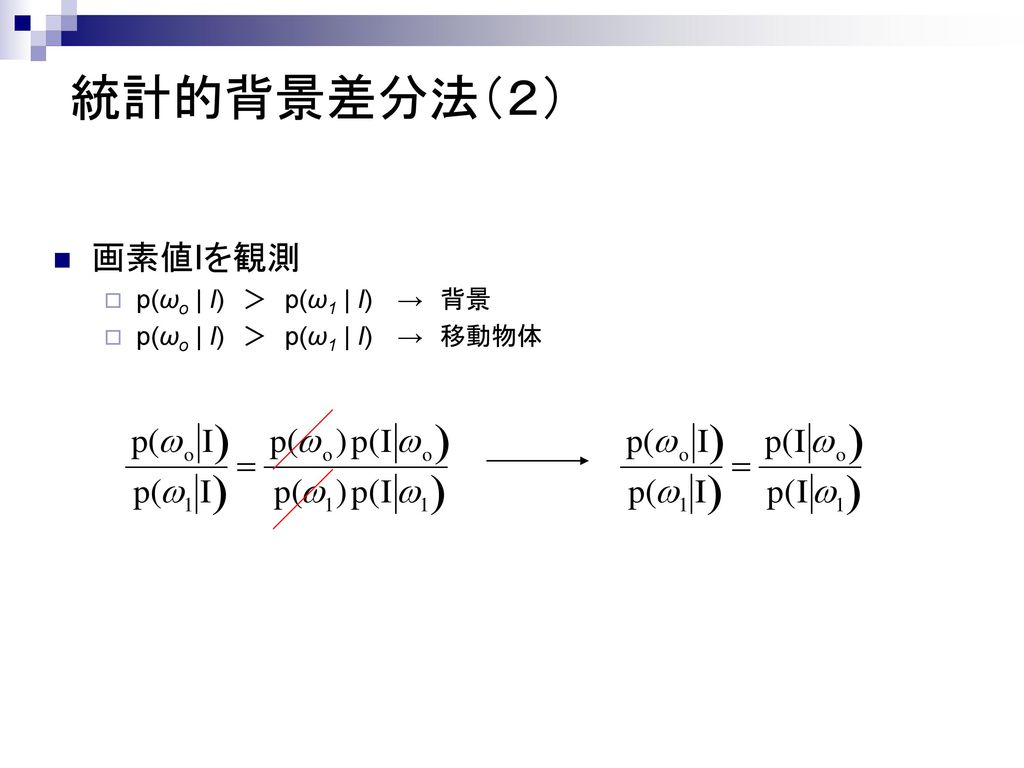 統計的背景差分法（２） 画素値Iを観測 p(ωo | I) ＞ p(ω1 | I) → 背景