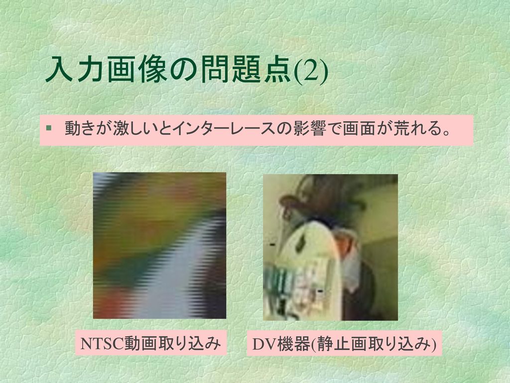 入力画像の問題点(2) 動きが激しいとインターレースの影響で画面が荒れる。 NTSC動画取り込み DV機器(静止画取り込み)
