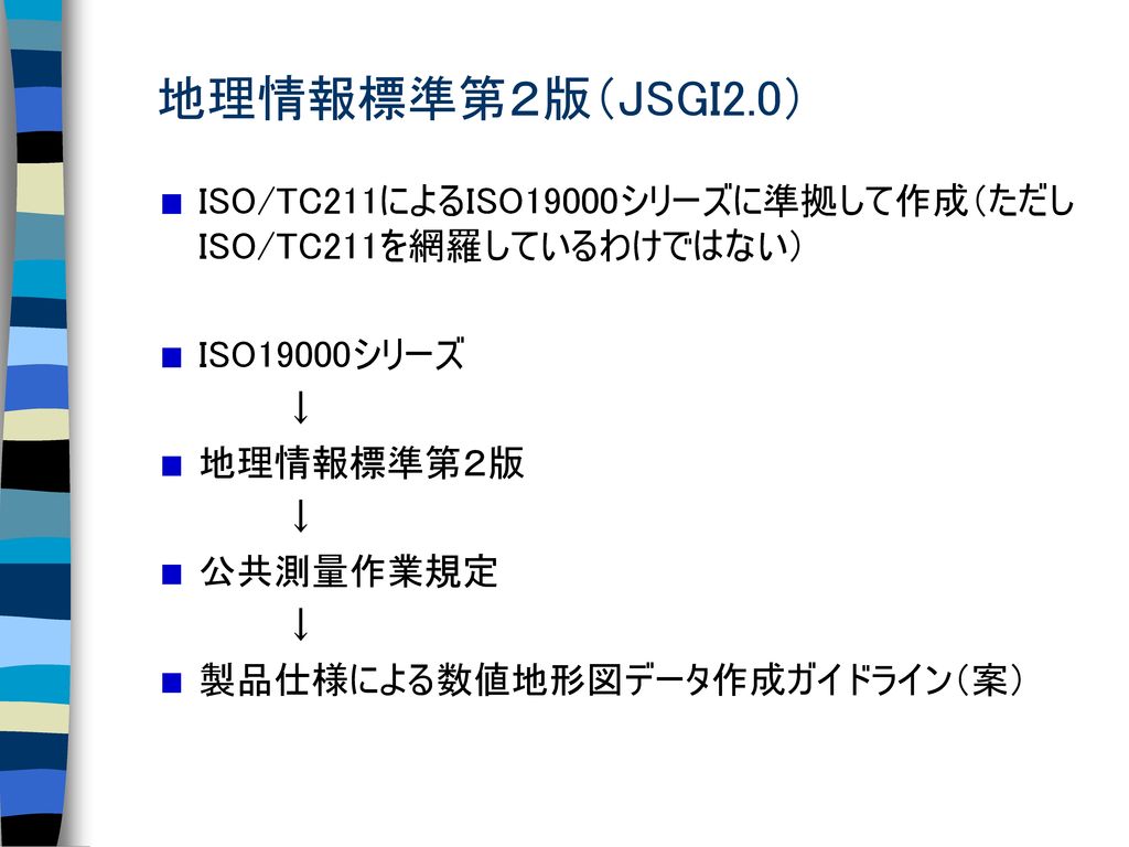 地理情報標準第２版（JSGI2.0） ISO/TC211によるISO19000シリーズに準拠して作成（ただしISO/TC211を網羅しているわけではない） ISO19000シリーズ. ↓