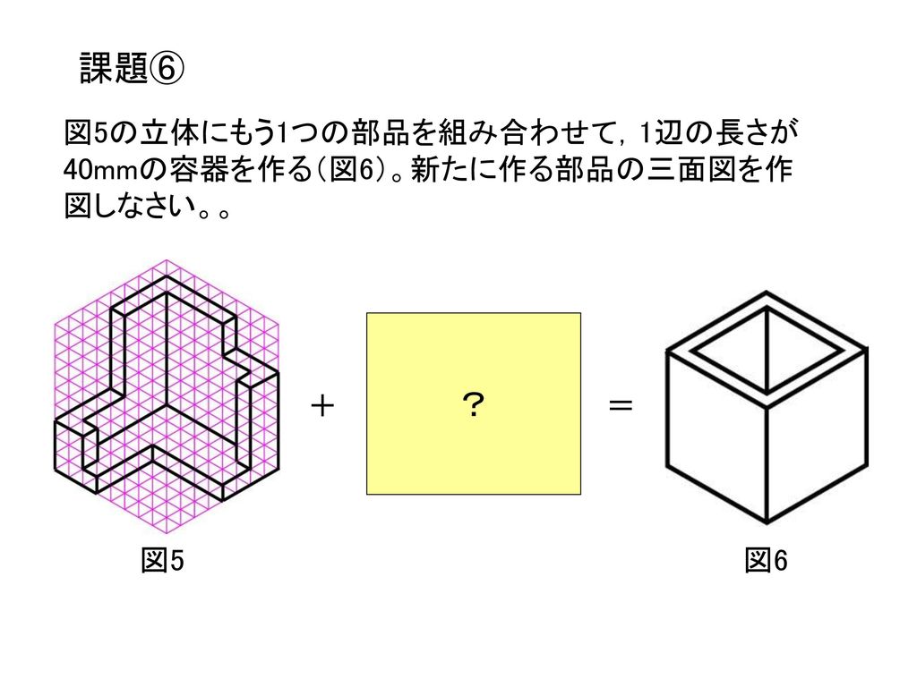 課題⑥ ？ 図5の立体にもう1つの部品を組み合わせて，1辺の長さが40mmの容器を作る（図6）。新たに作る部品の三面図を作図しなさい。。 ＋