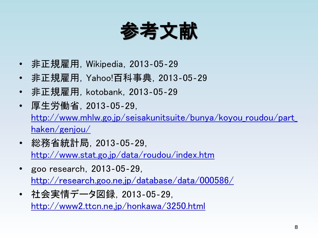 参考文献 非正規雇用，Wikipedia，2013‐05‐29 非正規雇用，Yahoo!百科事典，2013‐05‐29