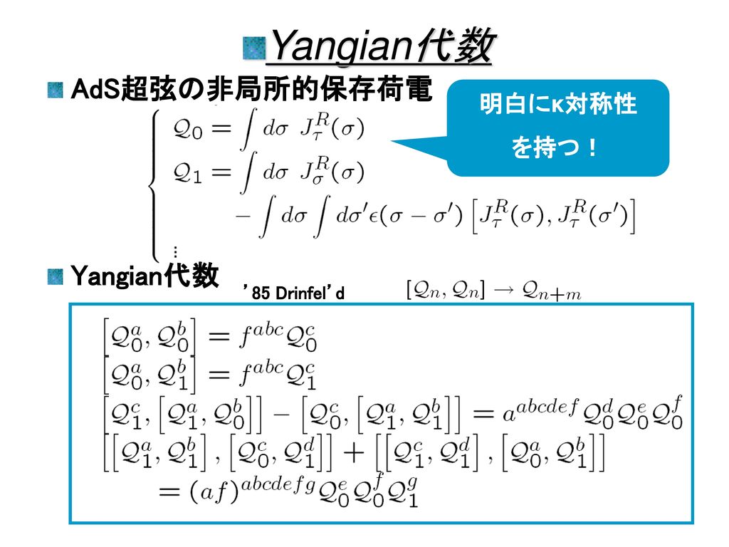 Yangian代数 AdS超弦の非局所的保存荷電 ’04吉田＆M.H. Yangian代数 明白にκ対称性 を持つ！