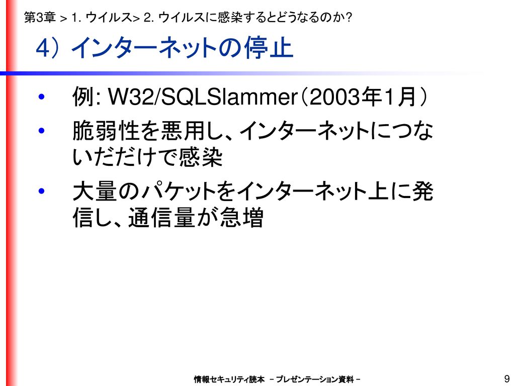 4） インターネットの停止 例: W32/SQLSlammer（2003年1月） 脆弱性を悪用し、インターネットにつないだだけで感染