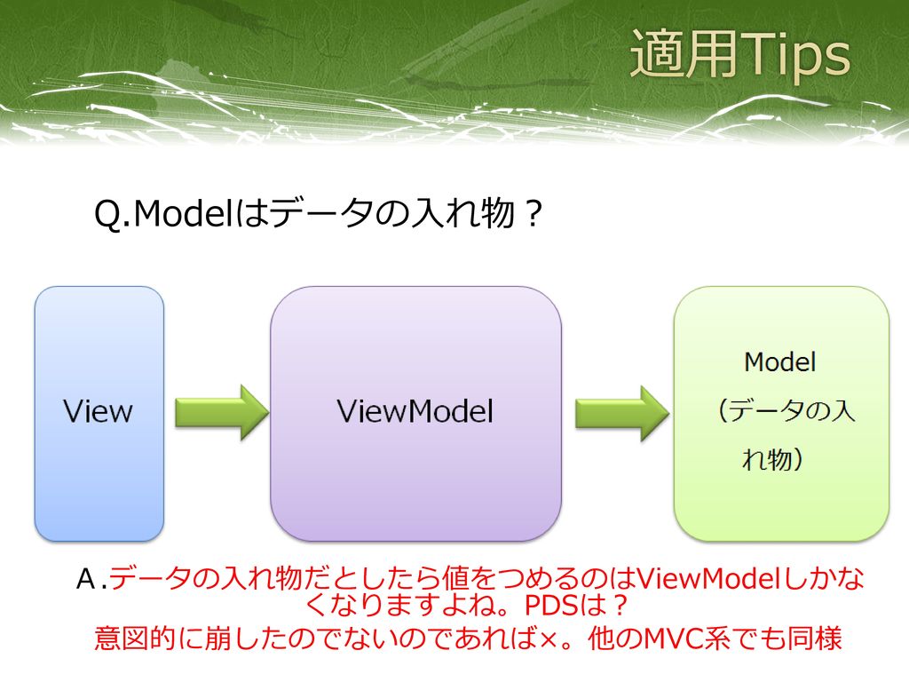 適用Tips Q.Modelはデータの入れ物？ Ａ.データの入れ物だとしたら値をつめるのはViewModelしかなくなりますよね。PDSは？