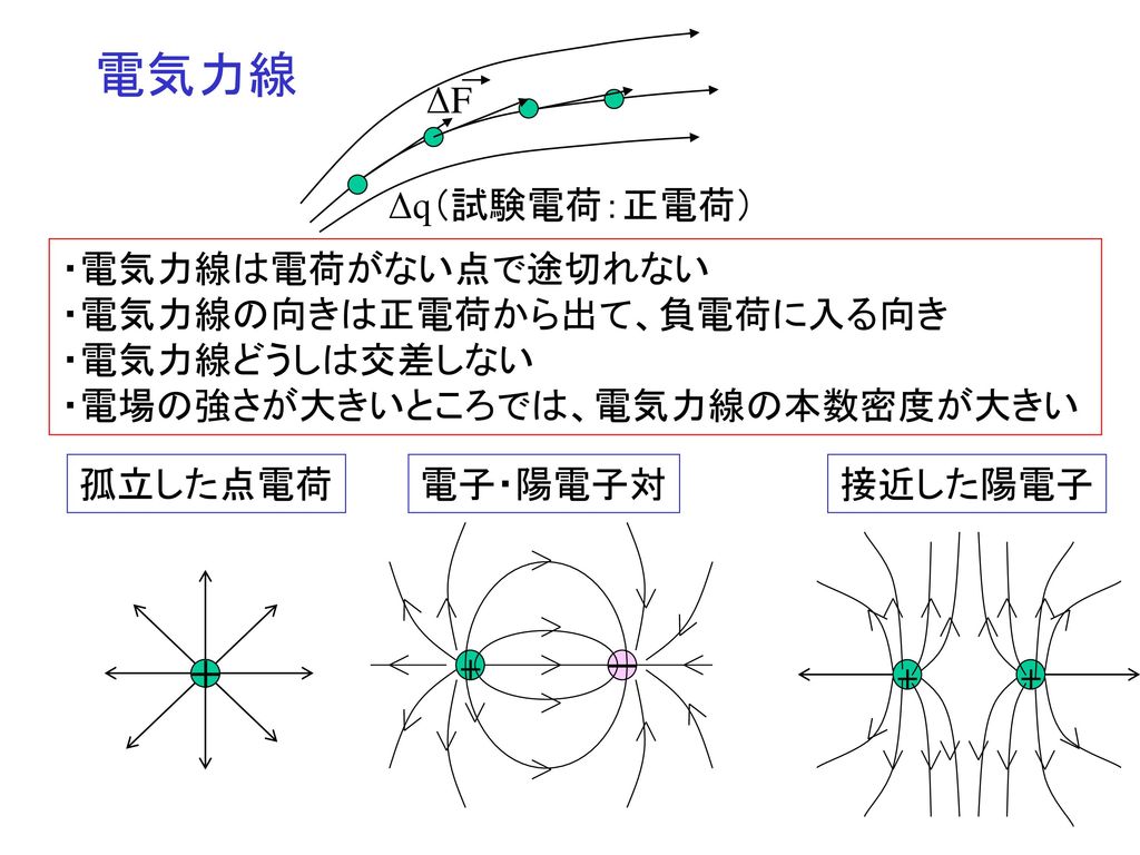 電気力線 Δq（試験電荷：正電荷） ΔF ・電気力線は電荷がない点で途切れない ・電気力線の向きは正電荷から出て、負電荷に入る向き
