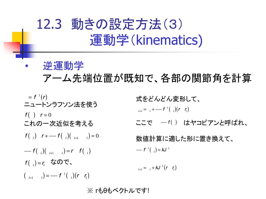 12.3 動きの設定方法（３） 運動学（kinematics) 逆運動学 アーム先端位置が既知で、各部の関節角を計算 式をどんどん変形して、