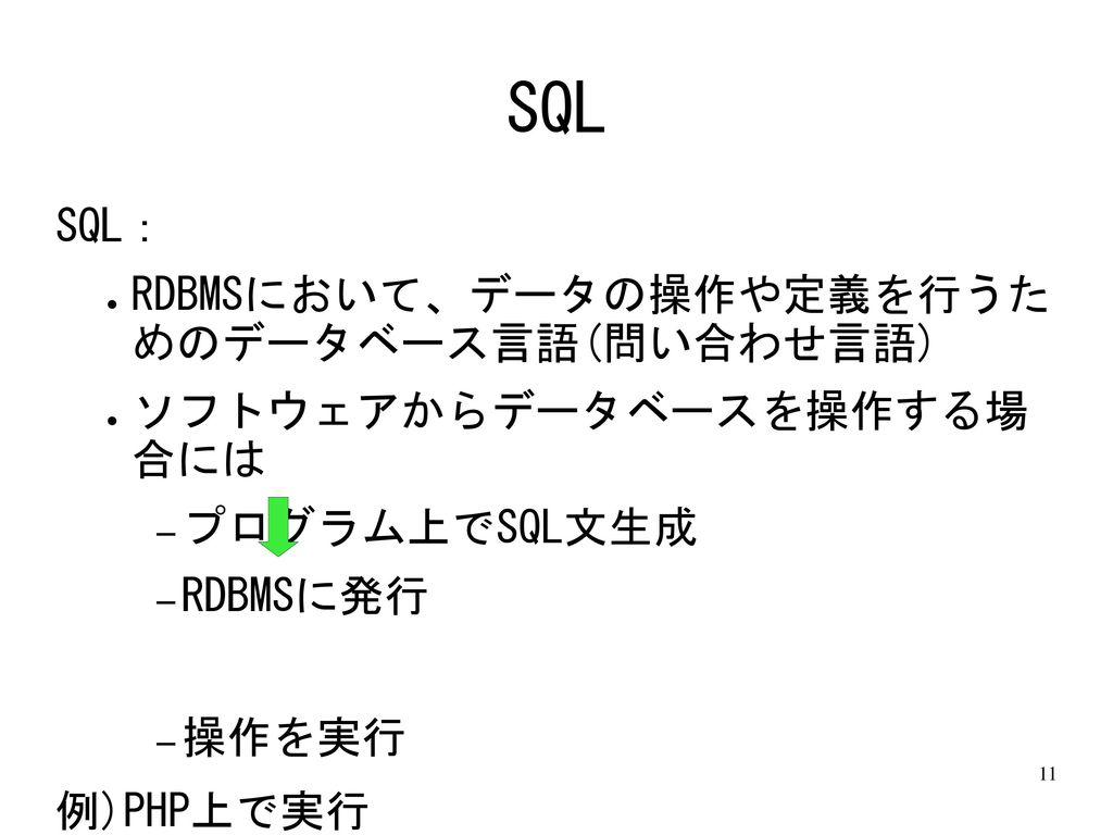 SQL SQL： RDBMSにおいて、データの操作や定義を行うた めのデータベース言語(問い合わせ言語)