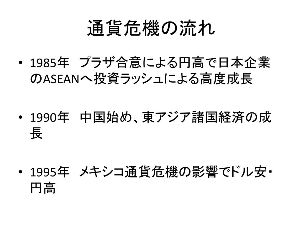 通貨危機の流れ 1985年 プラザ合意による円高で日本企業のASEANへ投資ラッシュによる高度成長
